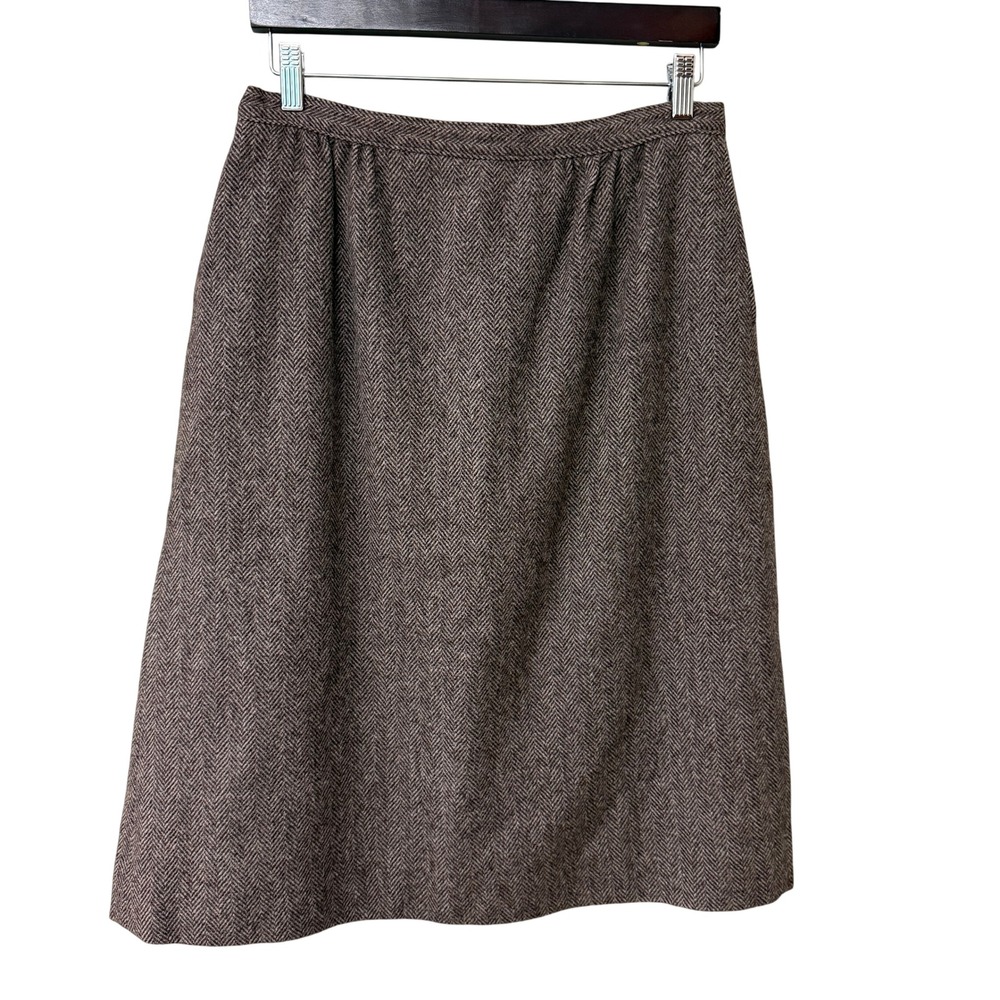 Vintage Pendleton Women Brown Herringbone A-Line Midi Skirt Wool Academia Pocket